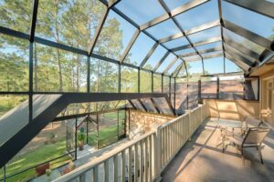 Elegant pool enclosure with tastefully integrated lighting, creating a serene and inviting atmosphere for evening swims and gatherings