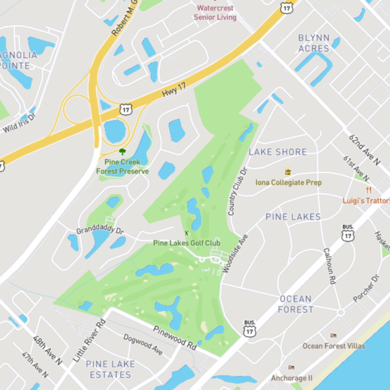 Map showing pine lakes in Myrtle Beach, South Carolina.