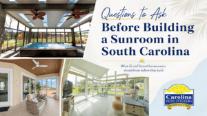 Blog graphic titled 'Questions to Ask Before Building a Sunroom in South Carolina' featuring photos of sunroom interiors with a hot tub, seating area, and vaulted windows