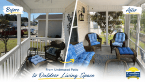 Before and after blog graphic showing an underused porch transformed into a furnished outdoor living space with blue cushions
