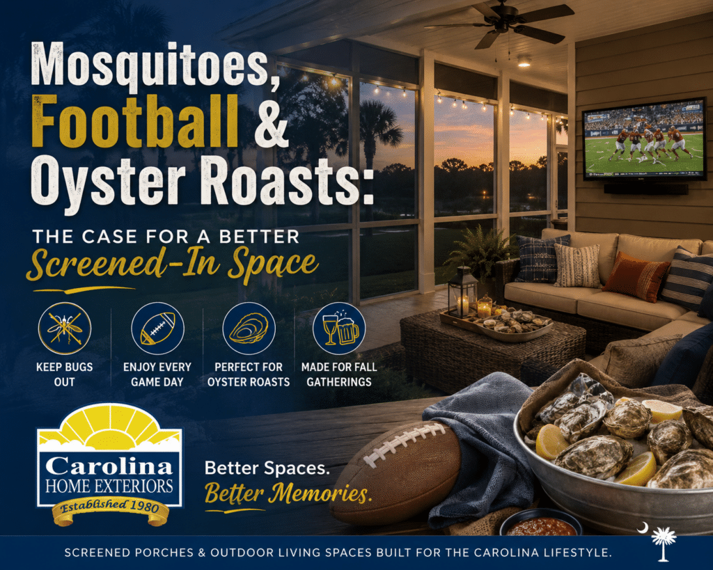 Cozy screened porch with sectional seating, TV, and a football and oysters, showcasing a screened-in space for fall gatherings