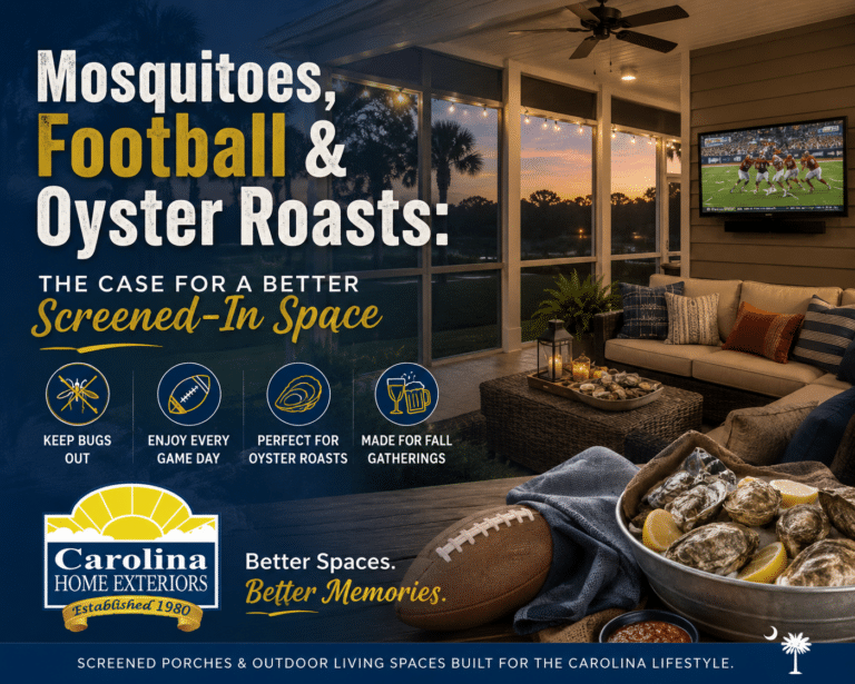 Cozy screened porch with sectional seating, TV, and a football and oysters, showcasing a screened-in space for fall gatherings
