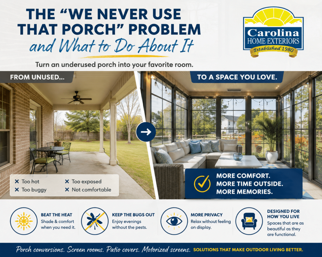 Before and after comparison of an unused open porch converted into a comfortable screened-in living space with seating by Carolina Home Exteriors