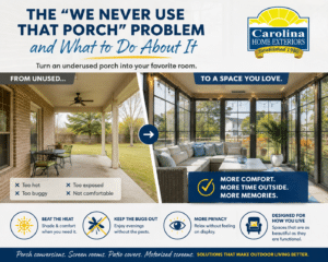 Before and after comparison of an unused open porch converted into a comfortable screened-in living space with seating by Carolina Home Exteriors